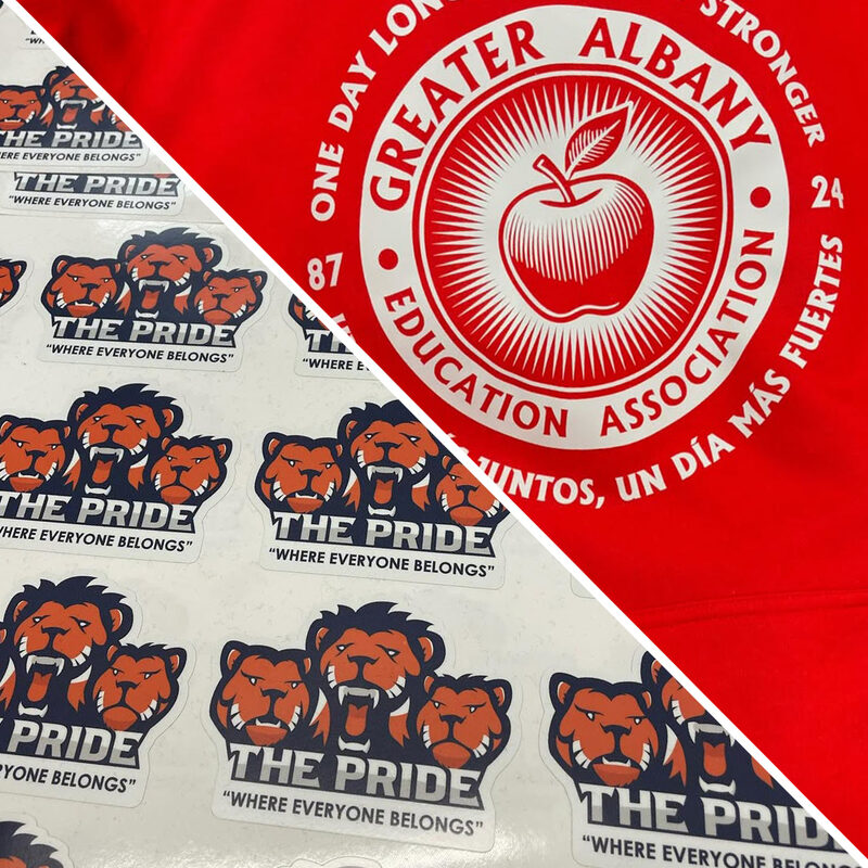 Printed school hoodie and a sheet of die-cut mascot stickers