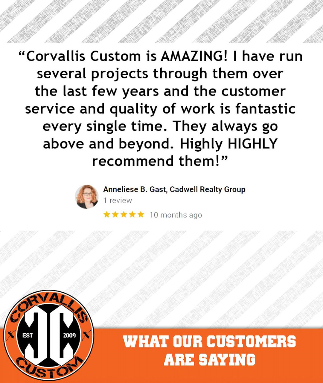 Quote: Corvallis Custom is AMAZING! I have run several projects through them over the last few years and the customer service and quality of work is fantastic every single time. They always go above and beyond. Highly recommend them!