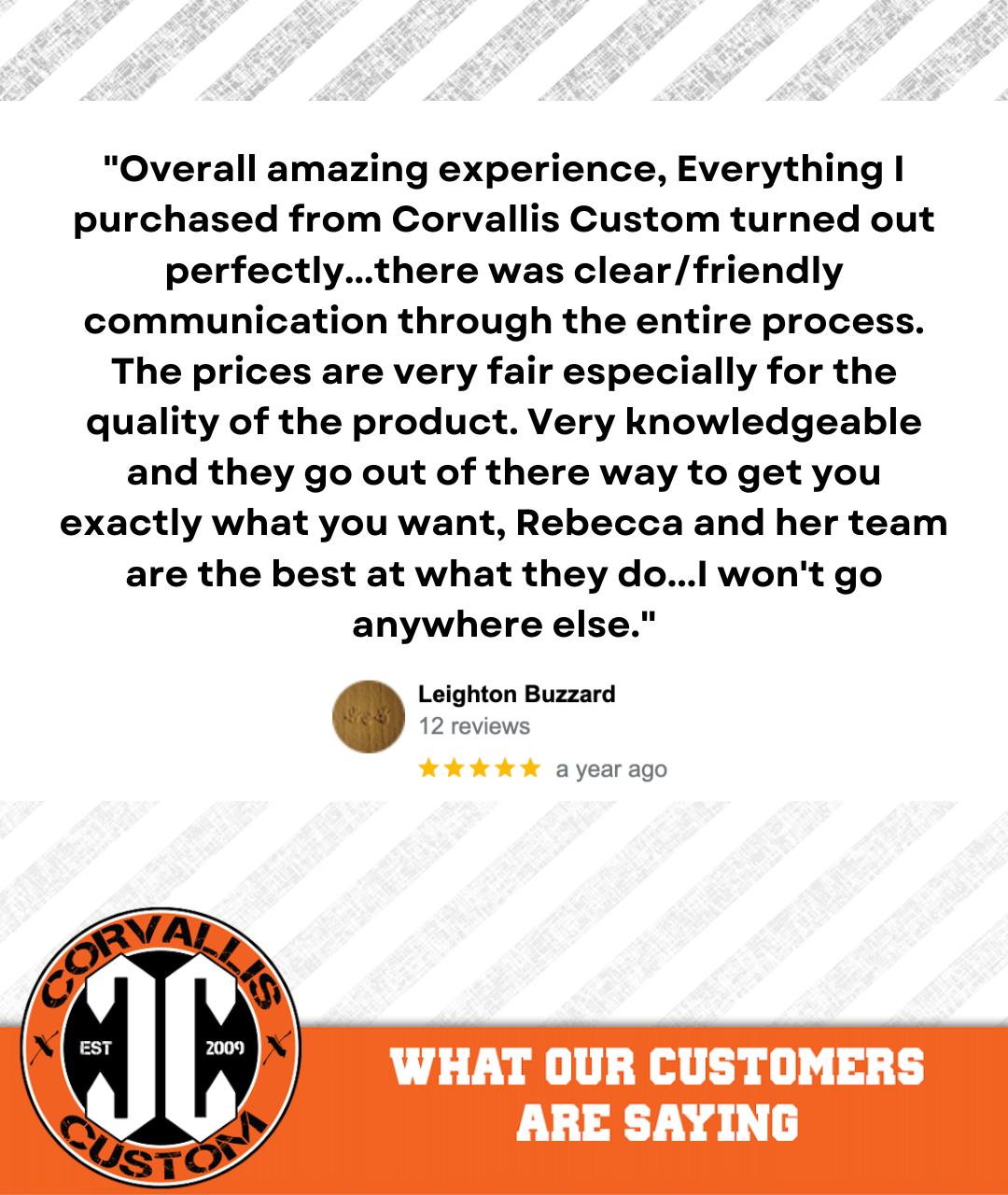 Quote: Overall amazing experience, Everything I purchased from Corvallis Custom turned out perfectly... there was clear/friendly communication through the entire process. The prices are very fair especially for the quality of the product.