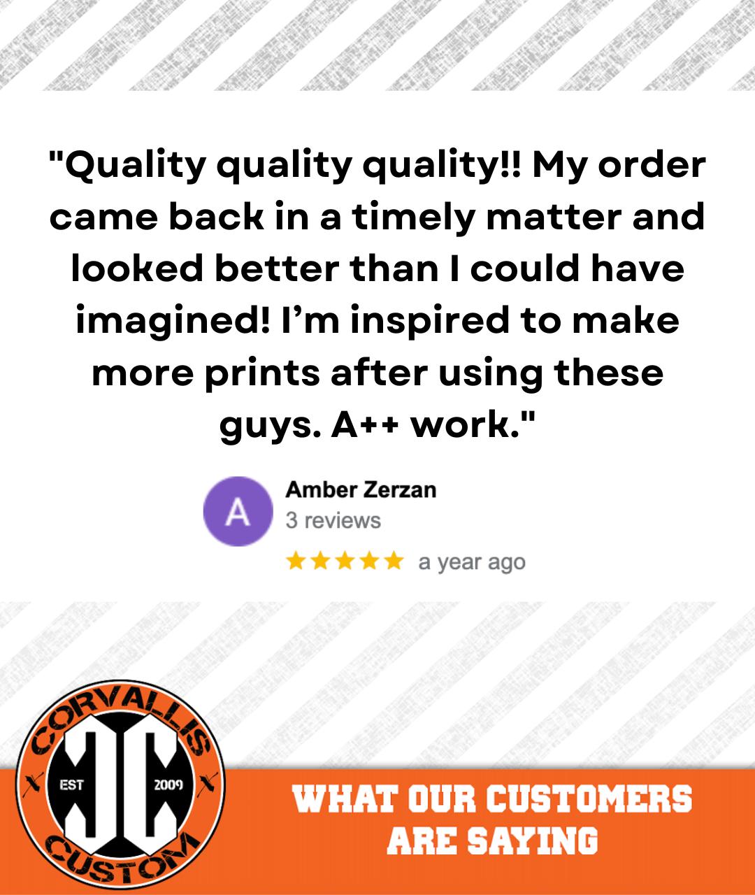 Quote: Quality quatlity quality!! My order came back in a timely manner and hlooked better than i could have imagined! I'm inspired to make more prints after using these guys. A++ work.